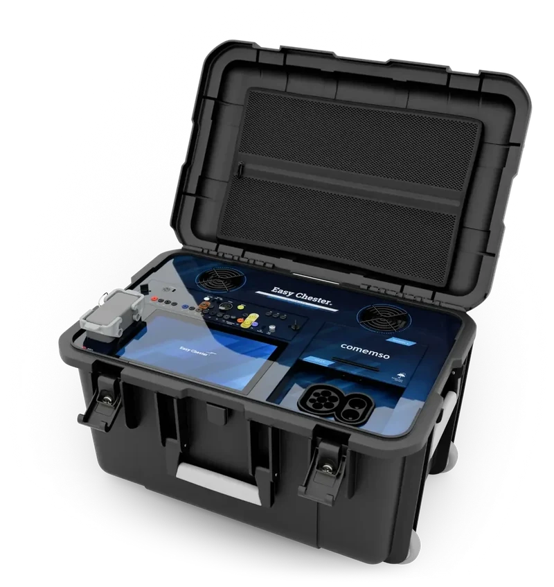Easy Chester Ultimate Generation 3 in its open case, with touchscreen and charging interfaces