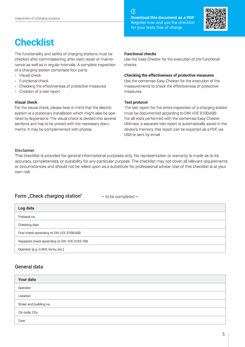 Page from the comemso checklist for inspecting charging stations