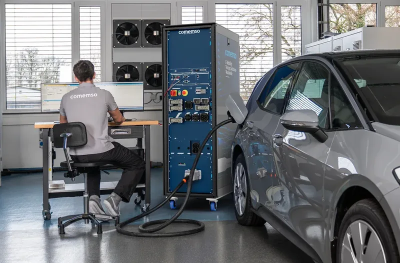 Vollständiges Elektrofahrzeug, das für EV-Laborprüfungen mit EVCA Flex verbunden ist