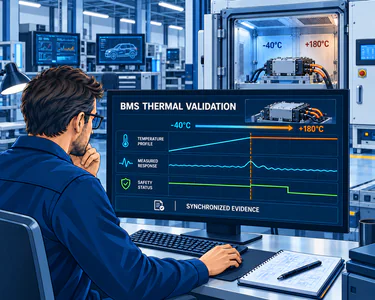 Illustration of an engineer planning BMS thermal validation with cell simulation and a climate chamber