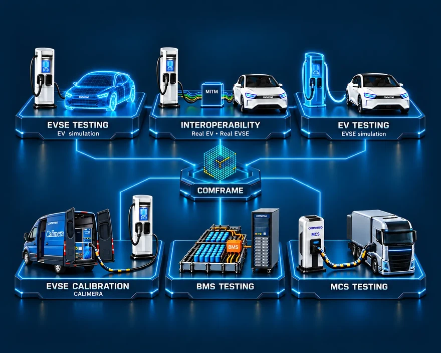Illustrated comframe test ecosystem: EVSE simulation, real-pair interoperability, EV testing, Calimera calibration, BMS testing and MCS testing