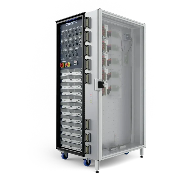 Configuration illustration of a BCS Flex rack with open interlocked side enclosure for the BMS and cell-monitoring units