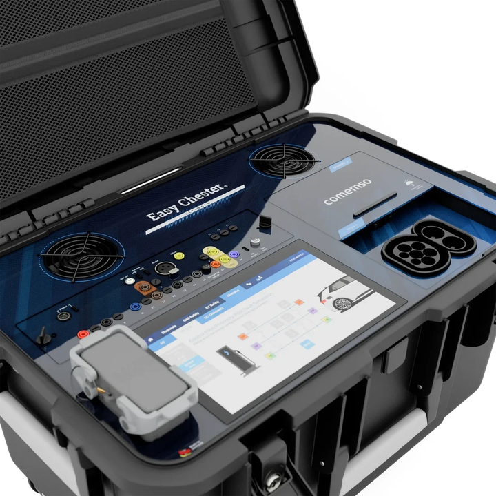 Easy Chester Ultimate touchscreen showing a guided EVSE test workflow