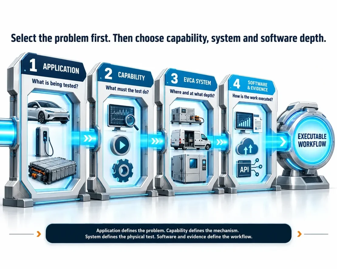 Selection model from application through capability and EVCA system to software and evidence