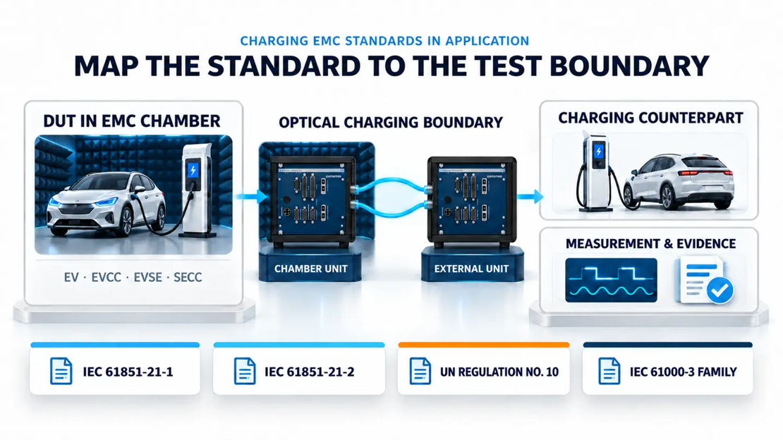 Diagram mapping charging EMC standards to the device under test, chamber boundary and charging counterpart