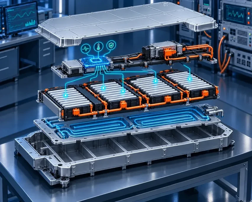 Illustration of the battery pack layers: cover, BMS monitoring, cell modules and cooling base