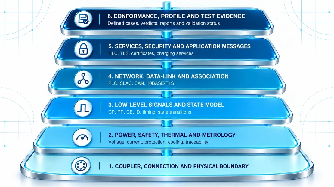 Six layers from the physical charging boundary through power, signals, network and services to conformance evidence