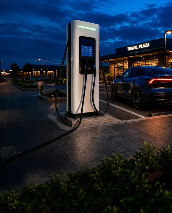 Elektrofahrzeug an einer öffentlichen Ladestation als Darstellung einer reinen Fahrzeug-Ladeprüfung