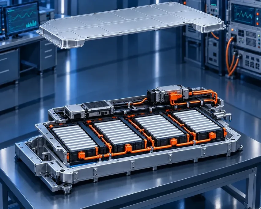 Illustration of the cell modules and battery management electronics installed in the battery enclosure