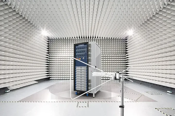 Rack-based comemso Battery Cell Simulator installed in an EMC chamber.