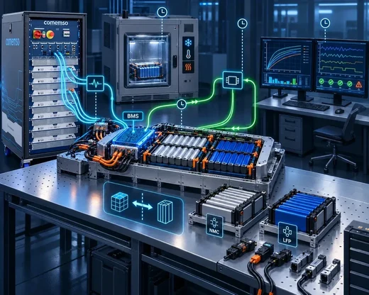 Conceptual BMS research laboratory with simulation equipment and measurement displays
