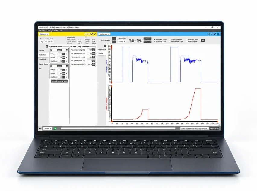 Calimera configuration and synchronized voltage and current measurements displayed on a notebook