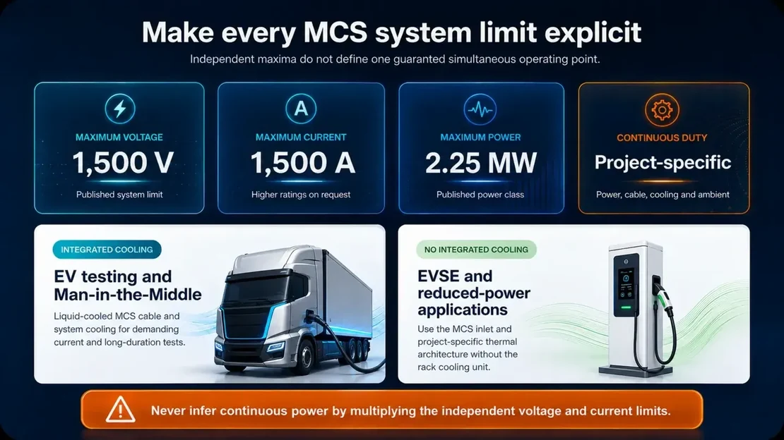 EVCA MCS-Konfigurationsgrößen für Spannung, Strom, Leistung, Lastzyklus und Kühlung