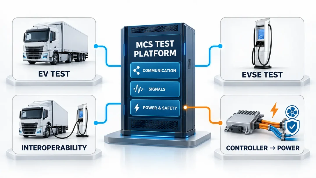 Four MCS testing directions for EV, EVSE, interoperability and controller-to-full-power scaling