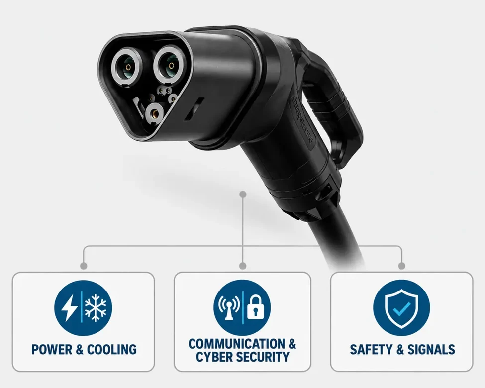 MCS connector surrounded by the coordinated power, communication, security, safety and cooling domains