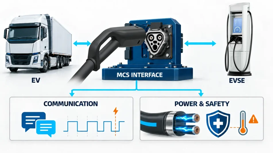 MCS test architecture connecting vehicle, charging station, communication, signals and power hardware