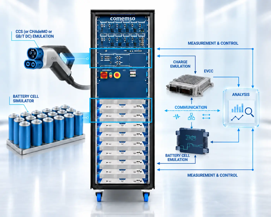 Illustration of an integrated BCS and EVCA test system with charging emulation, cell simulation, EVCC, BMS, measurement and control