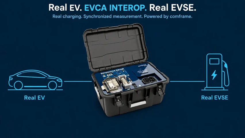 Reales Fahrzeug und reale Ladestation über EVCA Interop verbunden, mit synchronisierten Protokoll-, Signal- und elektrischen Nachweisen