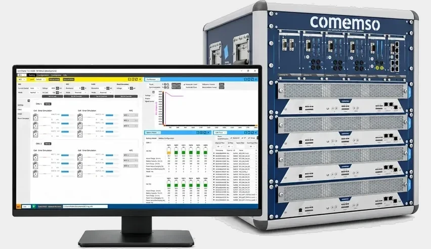 Battery Cell Simulator rack operated through the comemso comframe BMS testing workspace