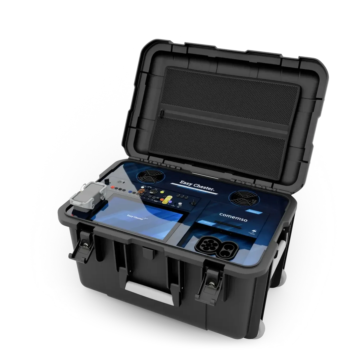 Current Easy Chester Ultimate Generation 3 in its open case, with touchscreen and charging interfaces