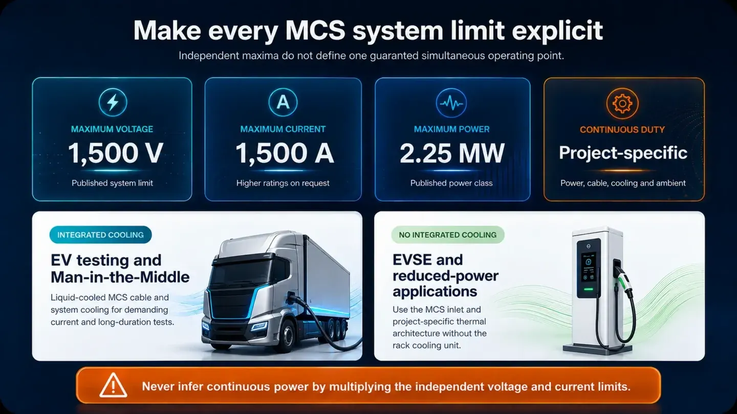EVCA MCS configuration dimensions for voltage, current, power, duty cycle and cooling