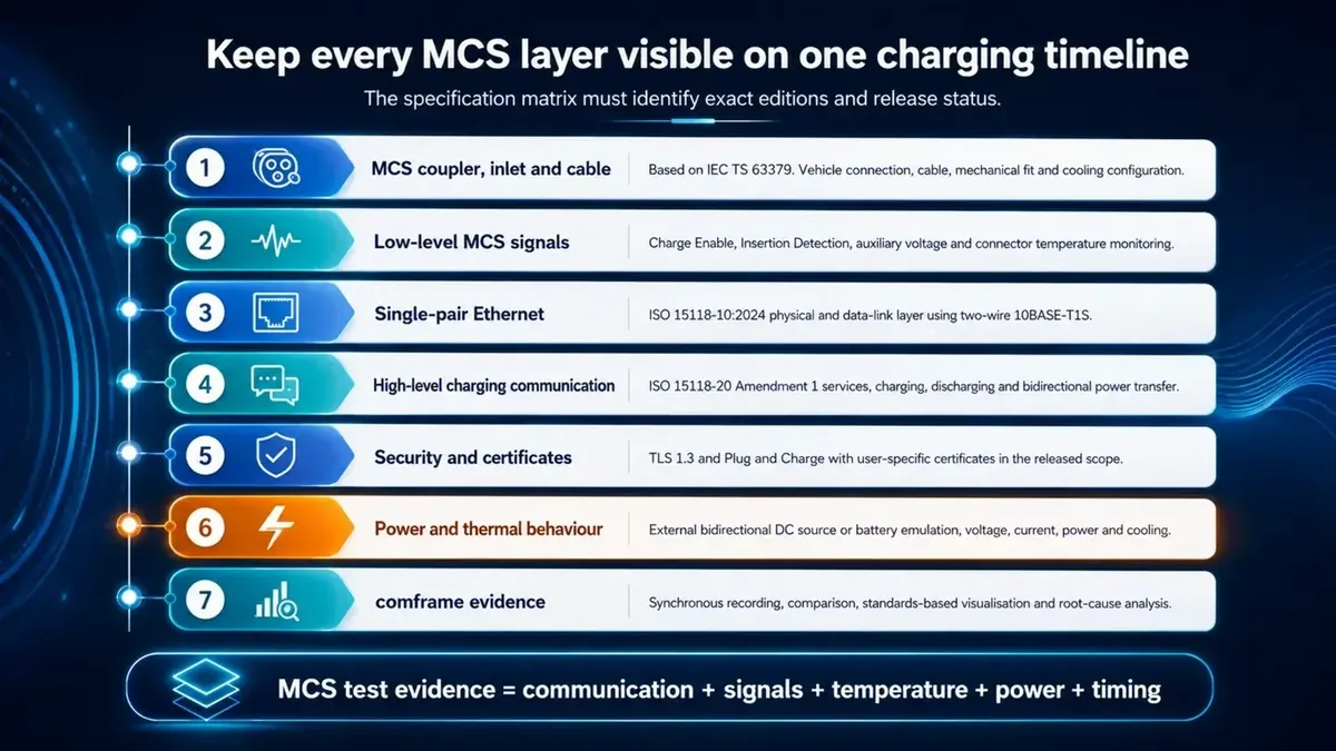 EVCA MCS stack across high-level communication, 10BASE-T1S, CE and ID, temperatures, auxiliary supply and power
