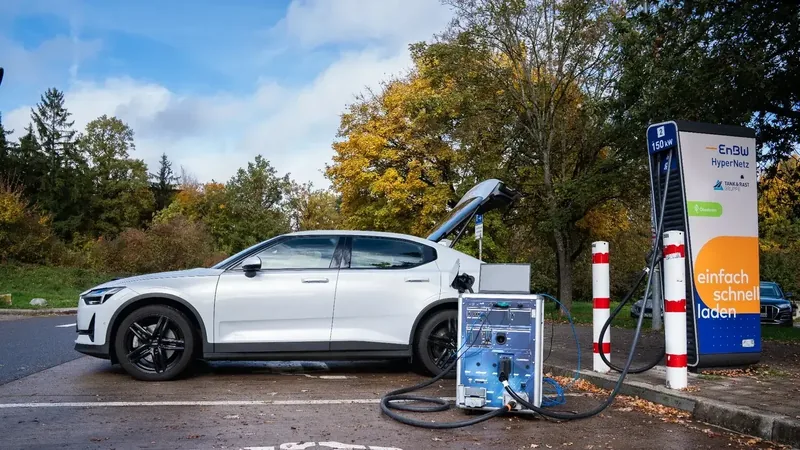 EVCA Multi Mobile connected between a real electric vehicle and a public DC charging station