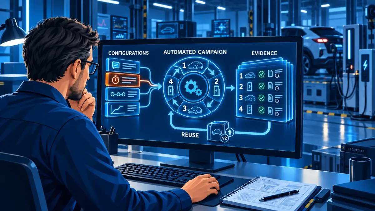 Gespeicherte EV- oder EVSE-Ladekonfigurationen bilden eine automatisierte Kampagne mit versionierten, wiederverwendbaren Nachweisen für die gewählte Prüflingsrolle