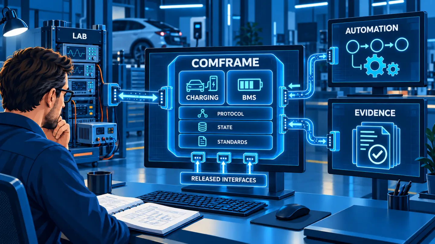 Beispielhafter comframe-Ablauf verbindet eine konfigurierte Lade- oder BMS-Prüfung mit freigegebenen Schnittstellen für Labor, Automatisierung und Nachweise