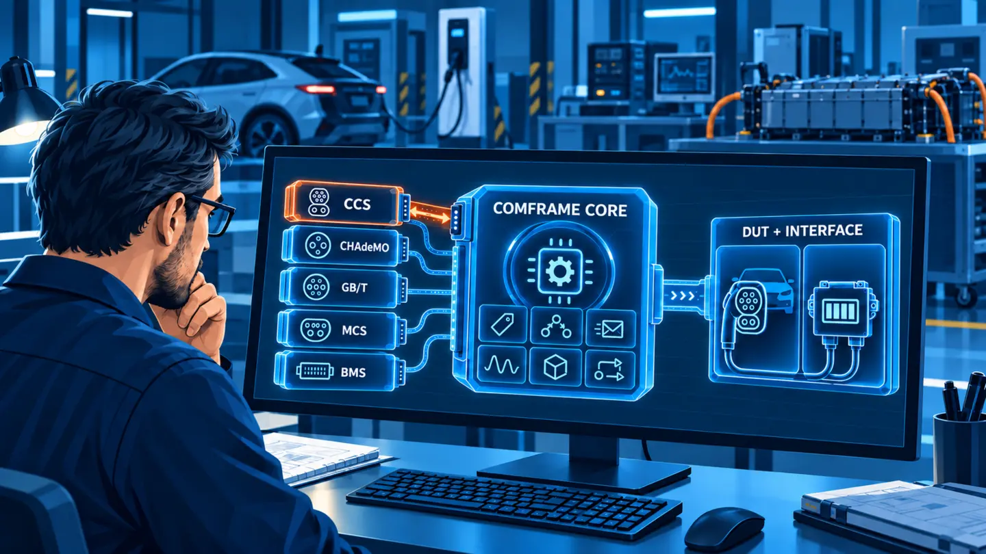 comframe core connects selectable charging protocol modules and the BMS domain module to the configured DUT interface