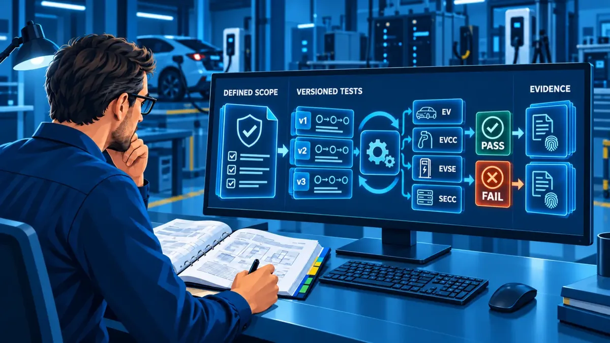 A defined test scope becomes versioned test cases and evidence for the selected DUT role; the shown roles are alternatives, not one universal library