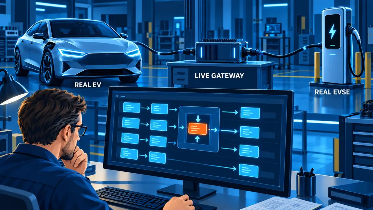 Ein Gateway im laufenden Betrieb ändert ausgewählte unterstützte Kommunikation zwischen realem Fahrzeug und realer Ladestation zur kontrollierten Interoperabilitätsfehlersuche