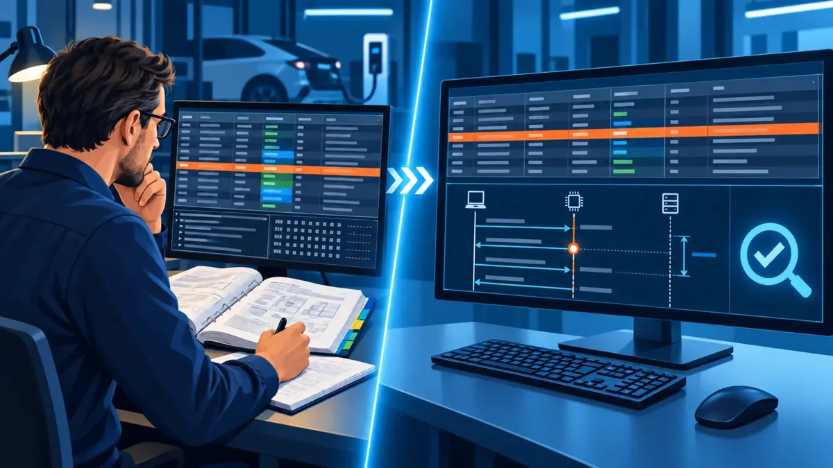 Engineer reviewing a software-highlighted deviation against measured charging behaviour and normative context