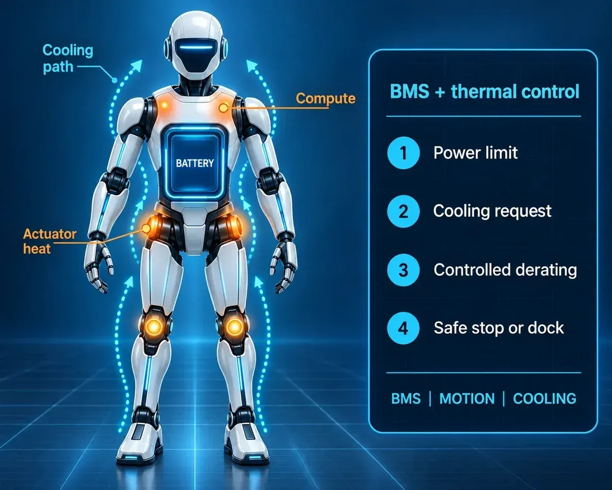 Darstellung eines Roboters mit Entscheidungen von BMS und Temperaturregelung: Leistungsgrenze, Kühlanforderung, kontrollierte Leistungsreduzierung und sicheres Anhalten oder Andocken