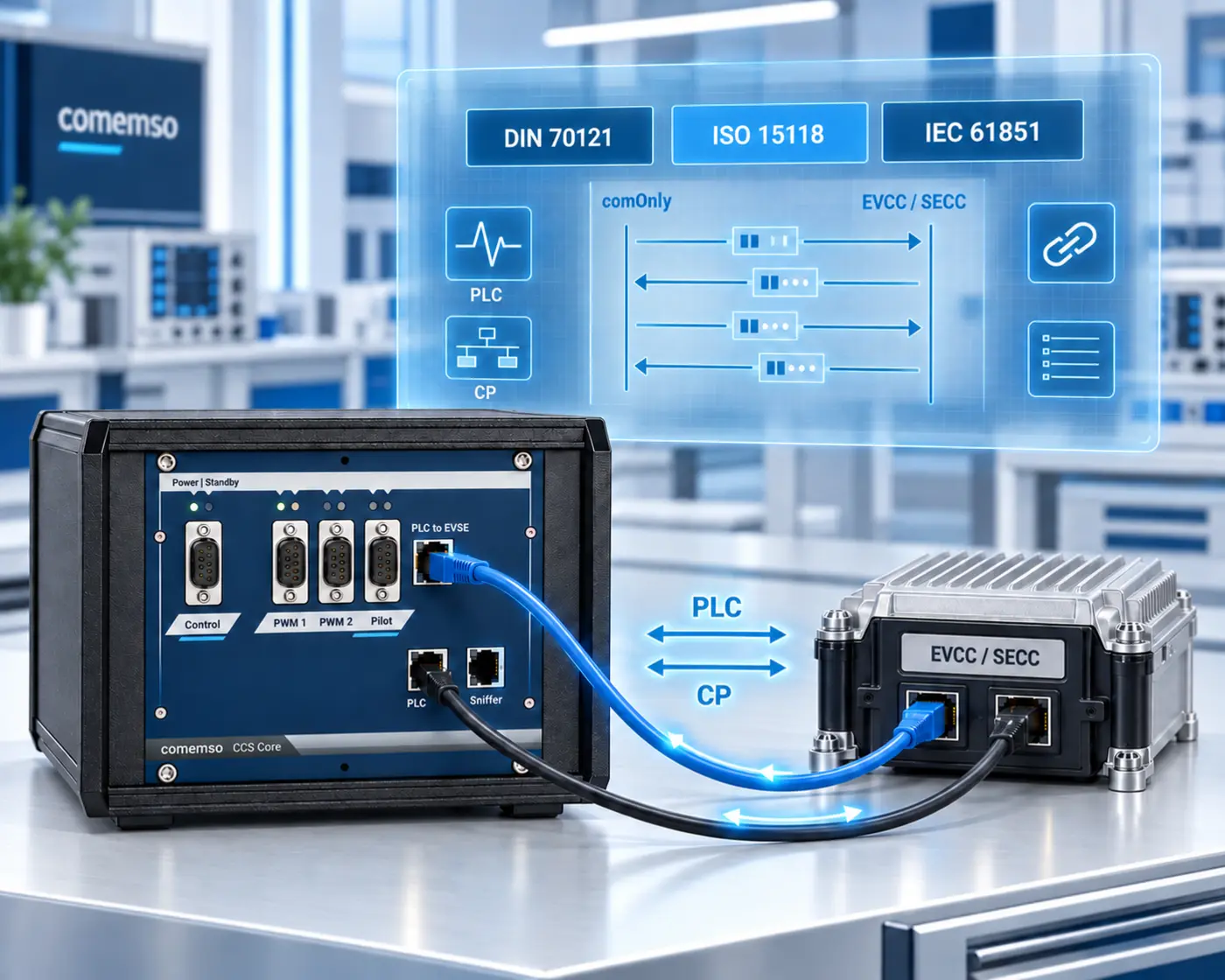 Konzeptionelle ComOnly-Steuergeräteprüfkonfiguration, die einen CCS Core über PLC- und Control-Pilot-Signale mit einem EVCC oder SECC verbindet