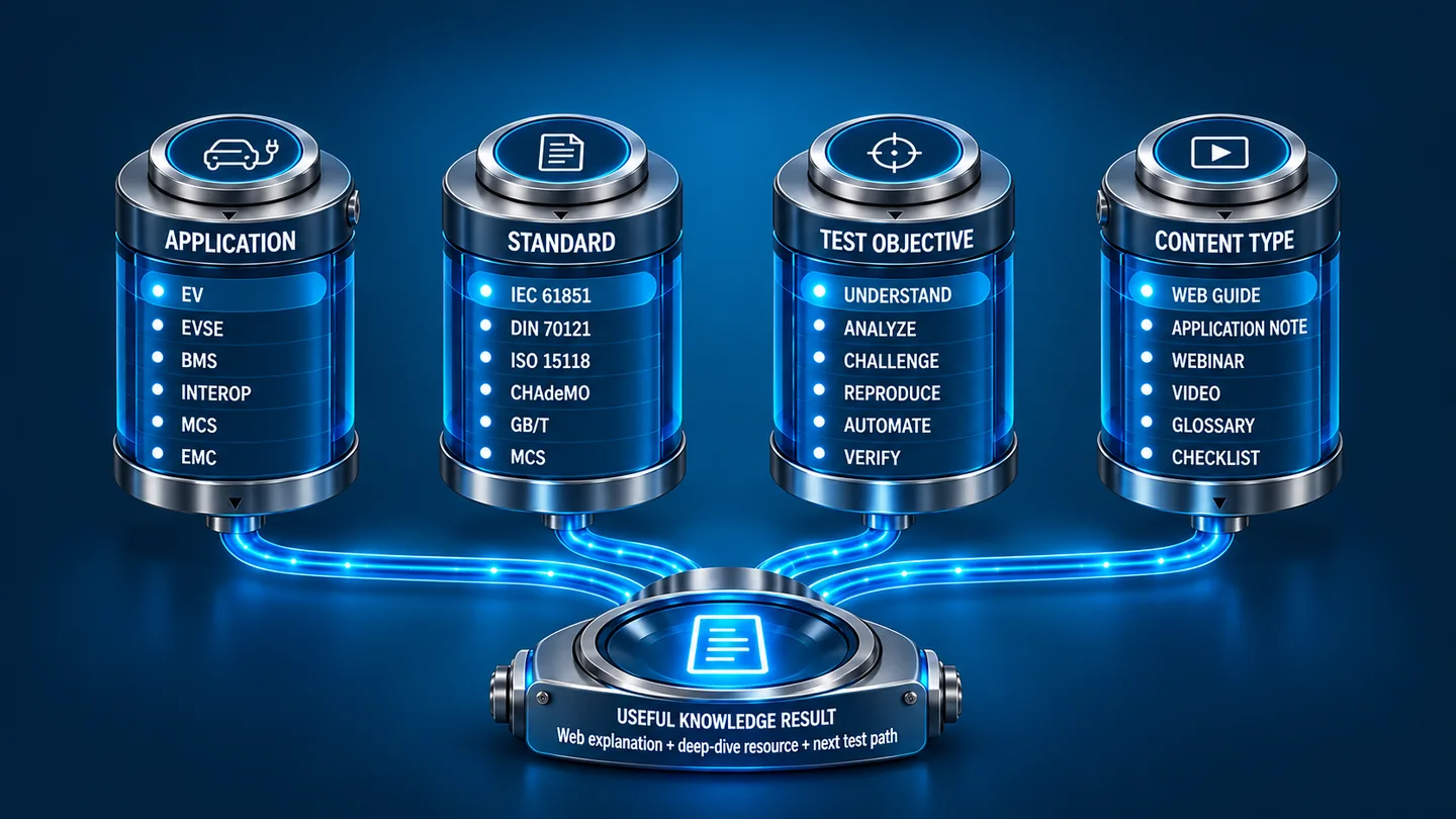 Knowledge center connecting application, standard and test objective with useful technical content.