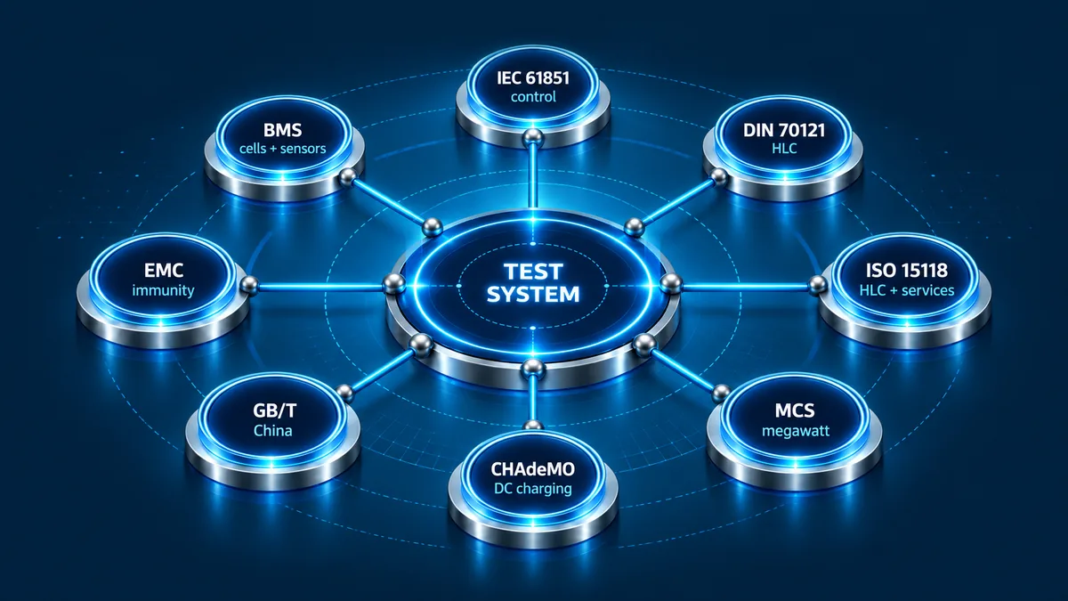 Charging standards and technical domains connected to a common test system