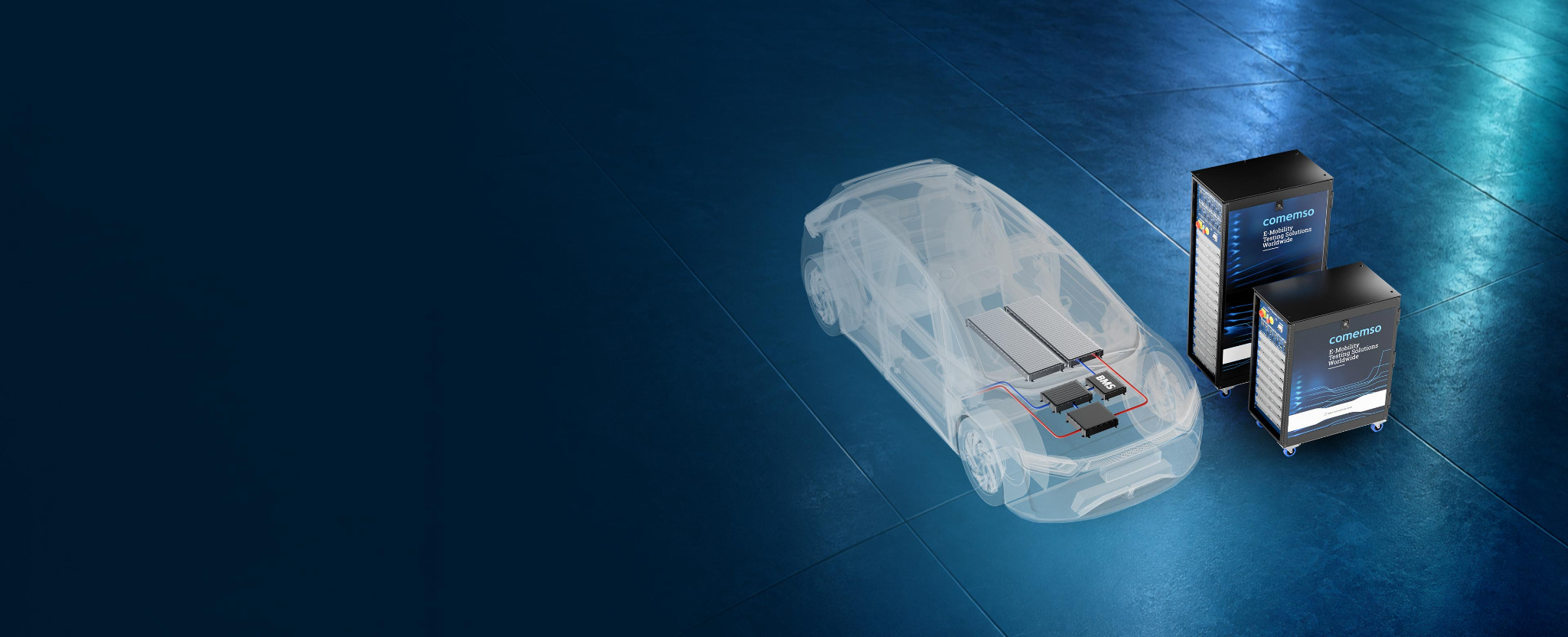 Vehicle battery, BMS and charging electronics with comemso integration test systems